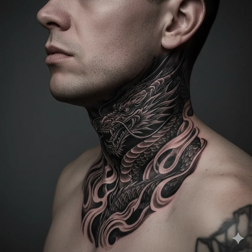 dragon neck tattoo for men featuring fierce dragon head design