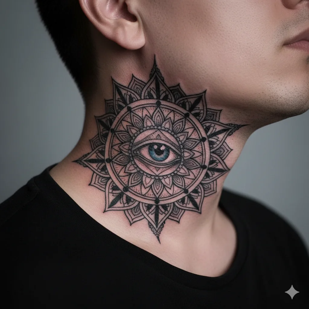 evil eye mandala neck tattoo for men