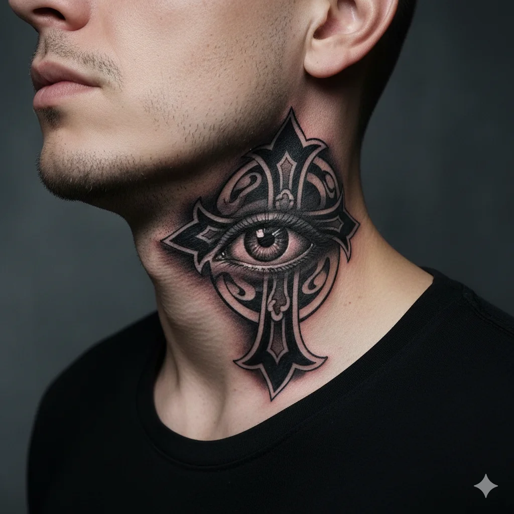 evil eye cross neck tattoo men