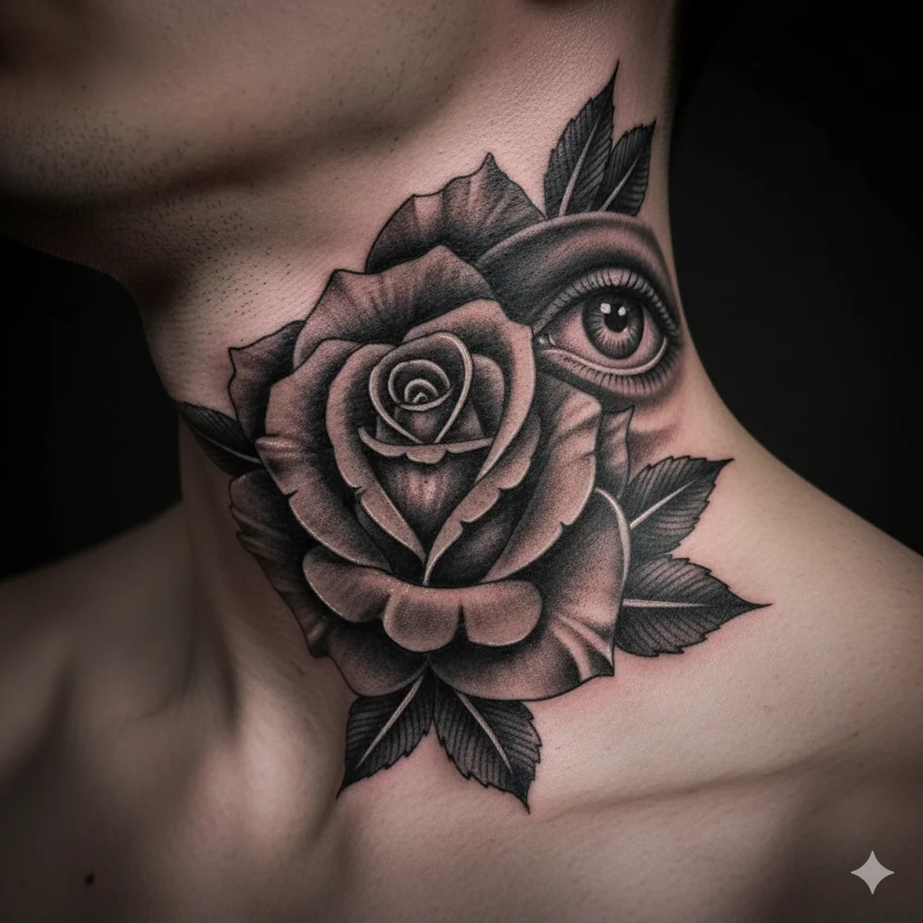 evil eye and rose neck tattoo men