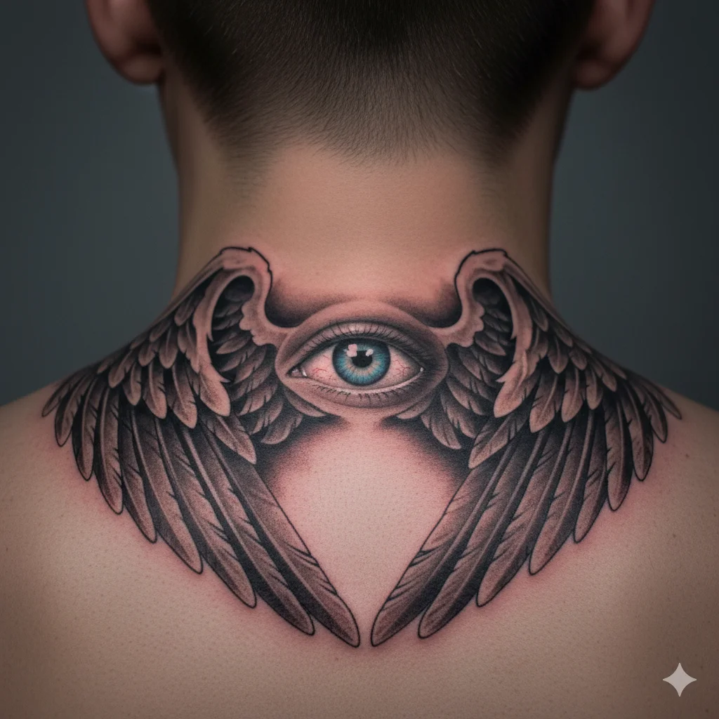 angel wings evil eye neck tattoo men