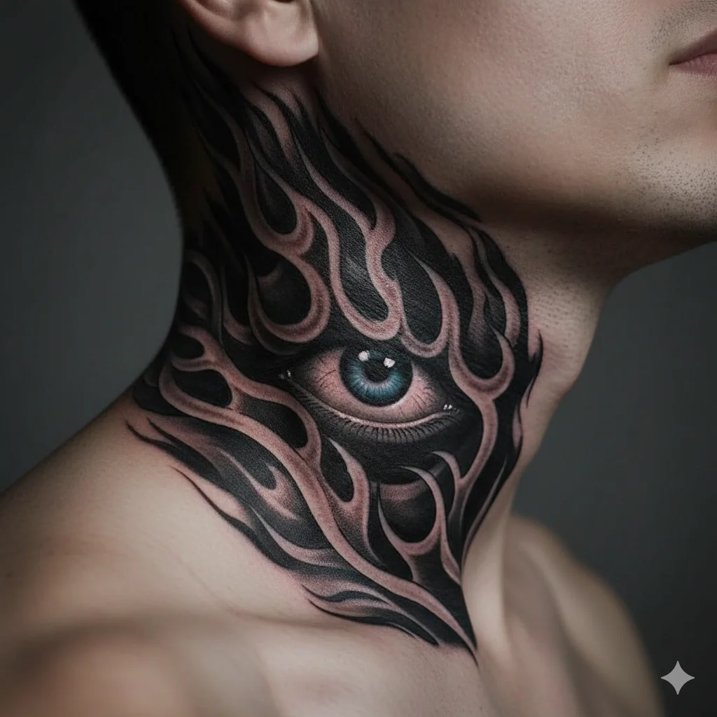 evil eye flame neck tattoo for men