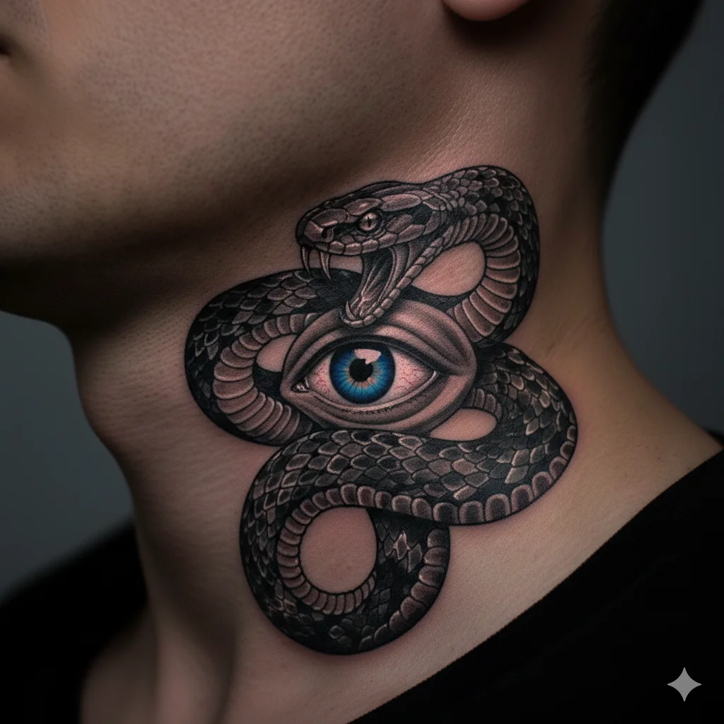 evil eye snake neck tattoo men