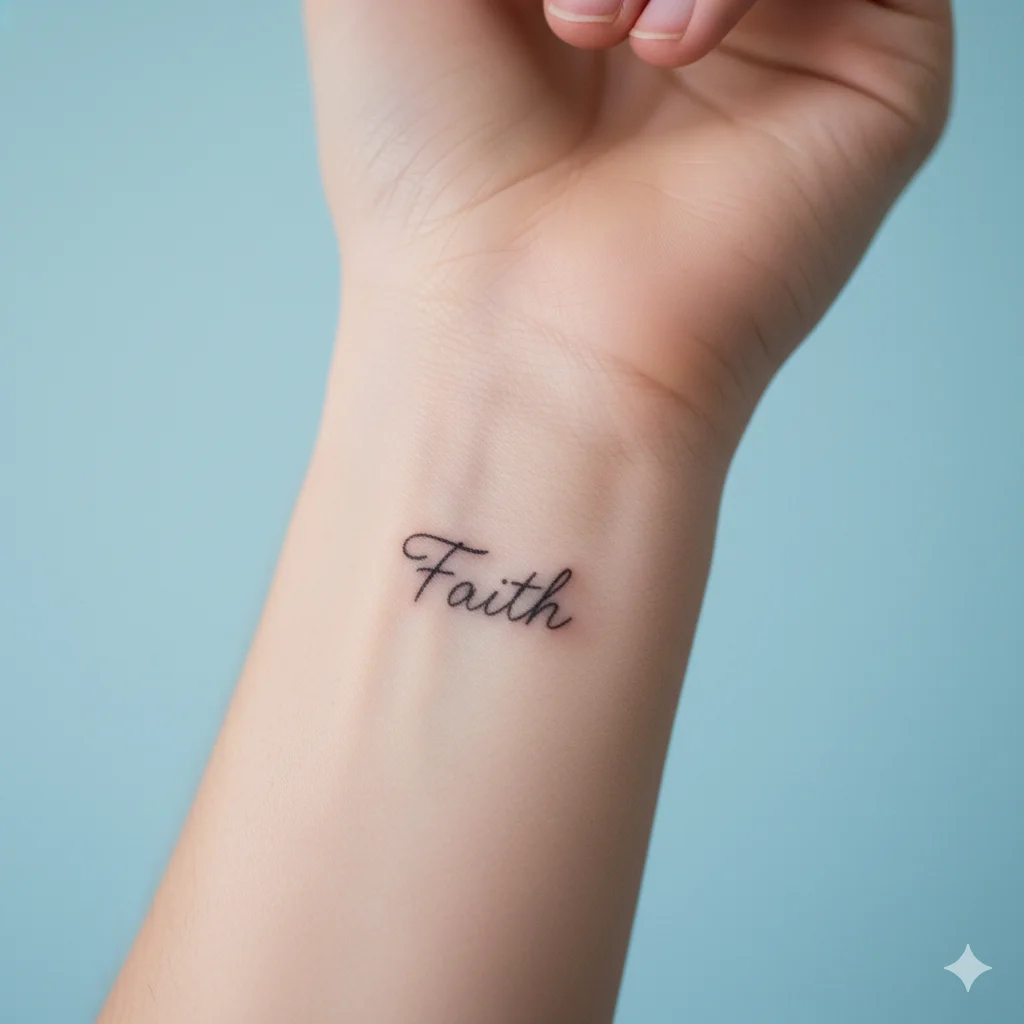 Minimal Faith word wrist tattoo for men in fine cursive lettering representing Christian belief and devotion.
