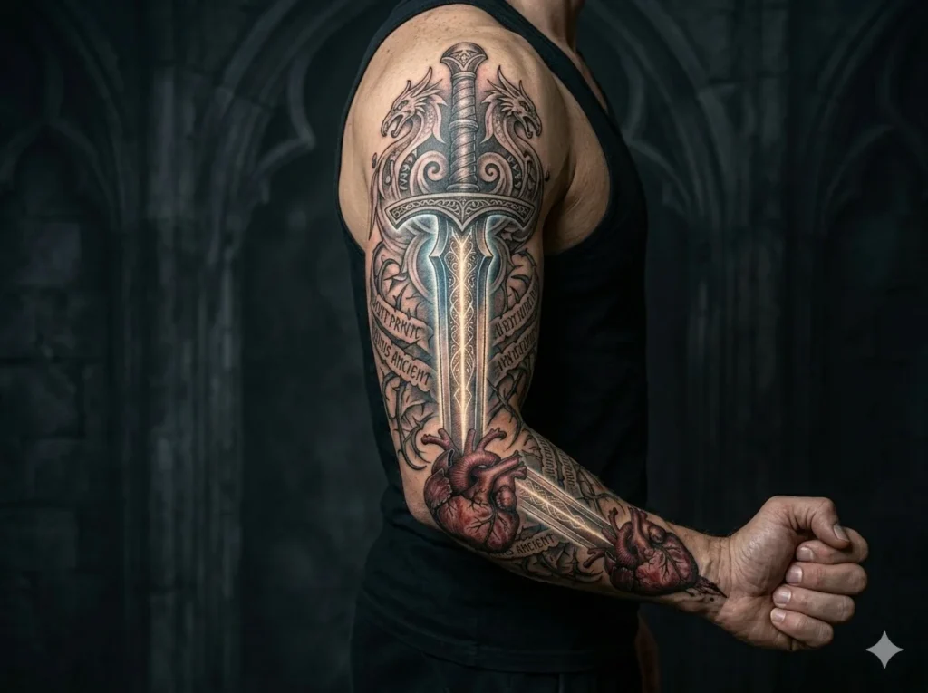 fantasy sword tattoo sleeve for men