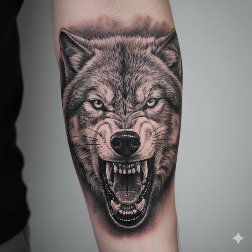 fierce wolf forearm tattoo for men