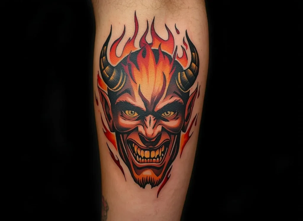 Fire demon face tattoo forearm men