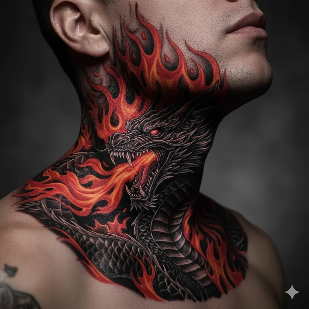 dragon neck tattoo for men with fire breathing dragon design