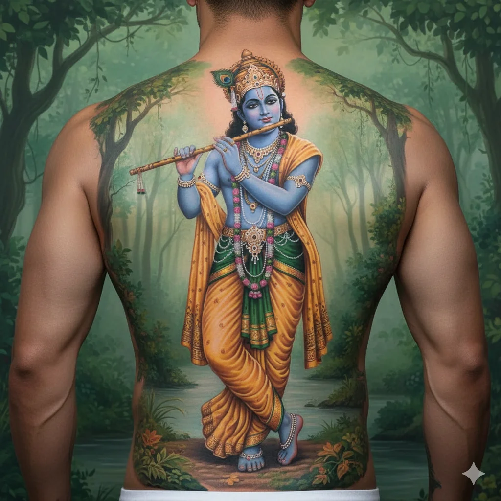 : Full body Krishna tattoo for men on back with traditional standing pose devotional design