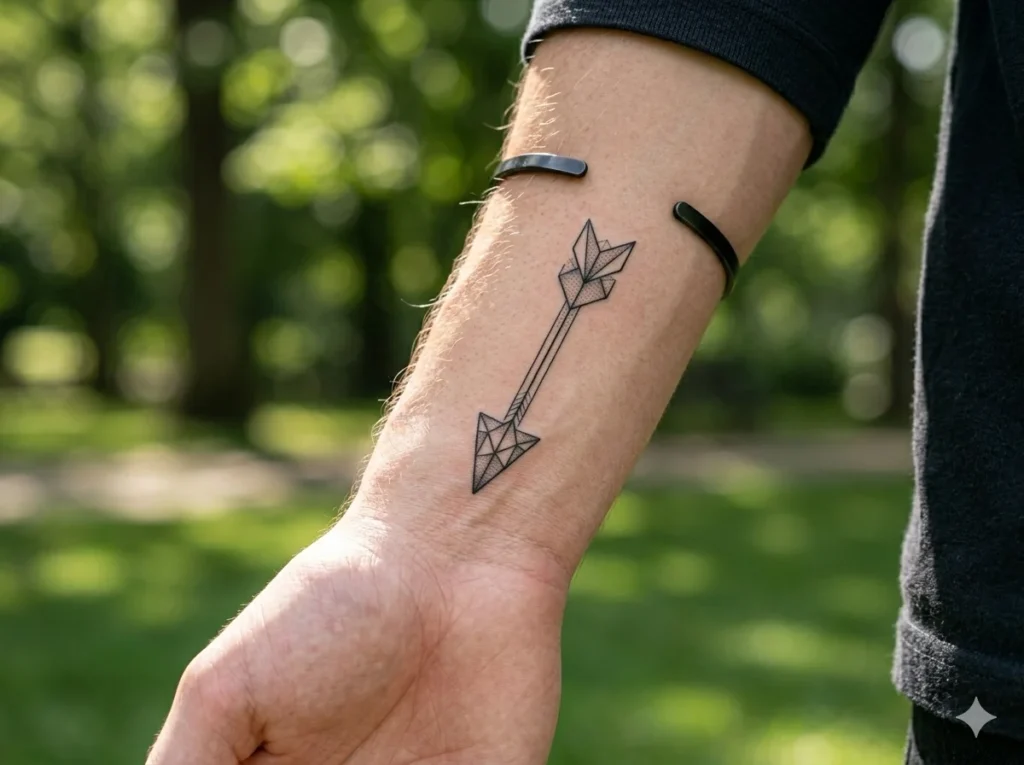 Small geometric arrow tattoo on wrist with triangle elements and clean black fine lines on fair warm skin tone