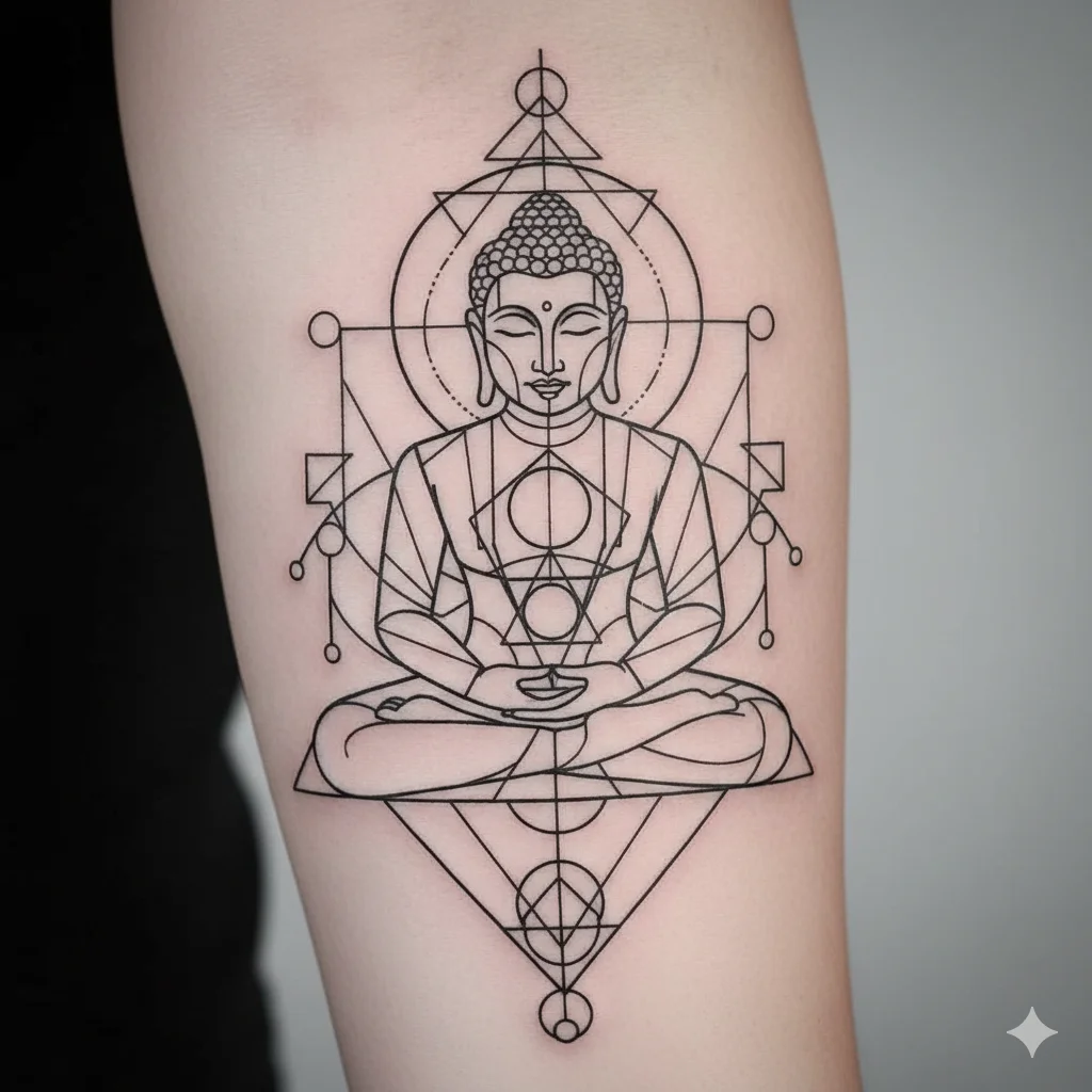 geometric Buddha tattoo design showing modern spiritual buddha tattoo ideas with clean lines