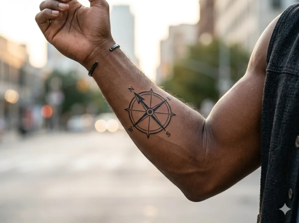 Minimal geometric compass tattoo on inner forearm with clean bold lines and structured symmetry on deep brown skin tone