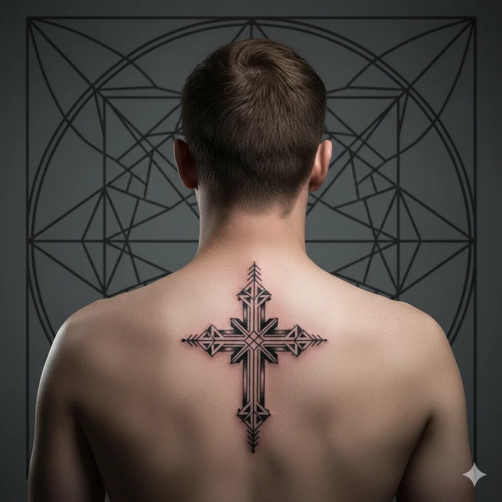 Modern geometric cross spine tattoo for men with symmetrical lines and contemporary religious design Cross Faith Tattoos