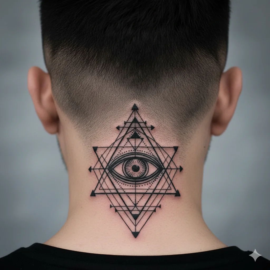 geometric evil eye neck tattoo men