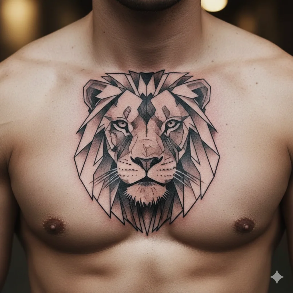 geometric lion chest tattoo modern clean line design for men