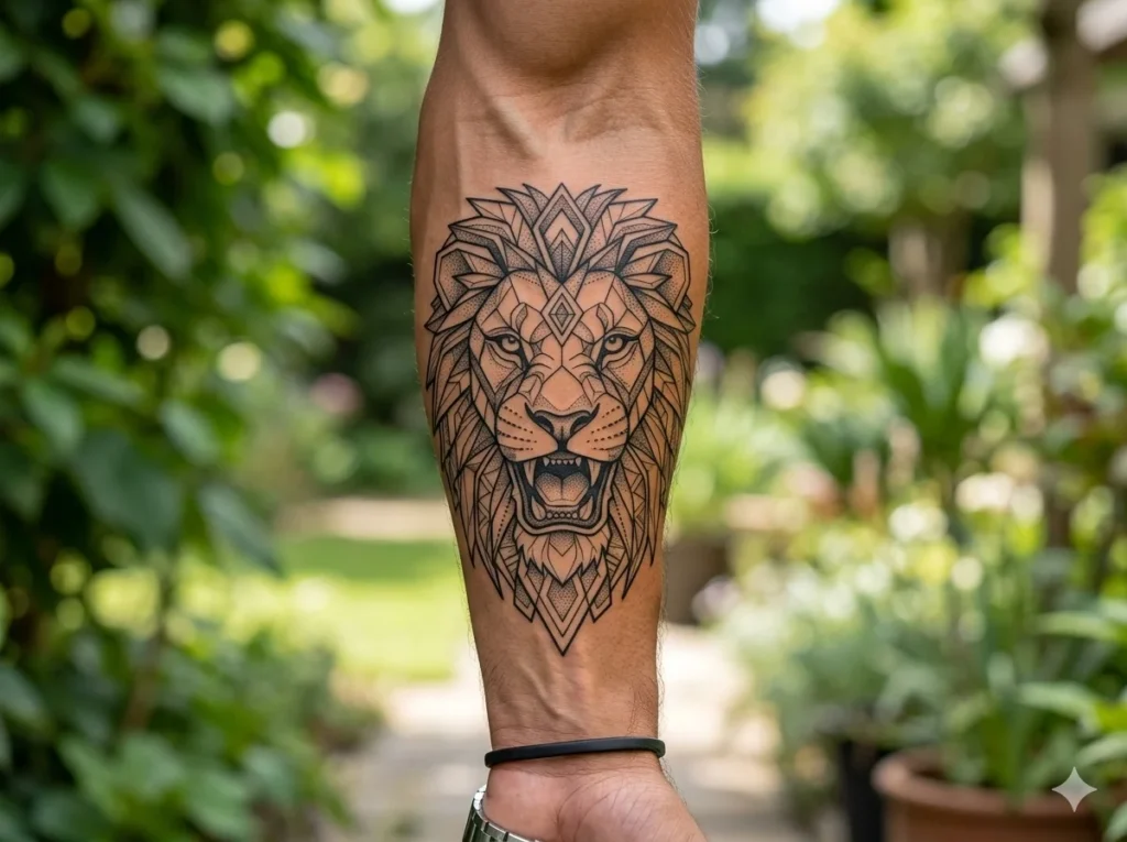 Detailed geometric lion tattoo on male forearm with symmetrical black linework and structured design on medium tan skin tone