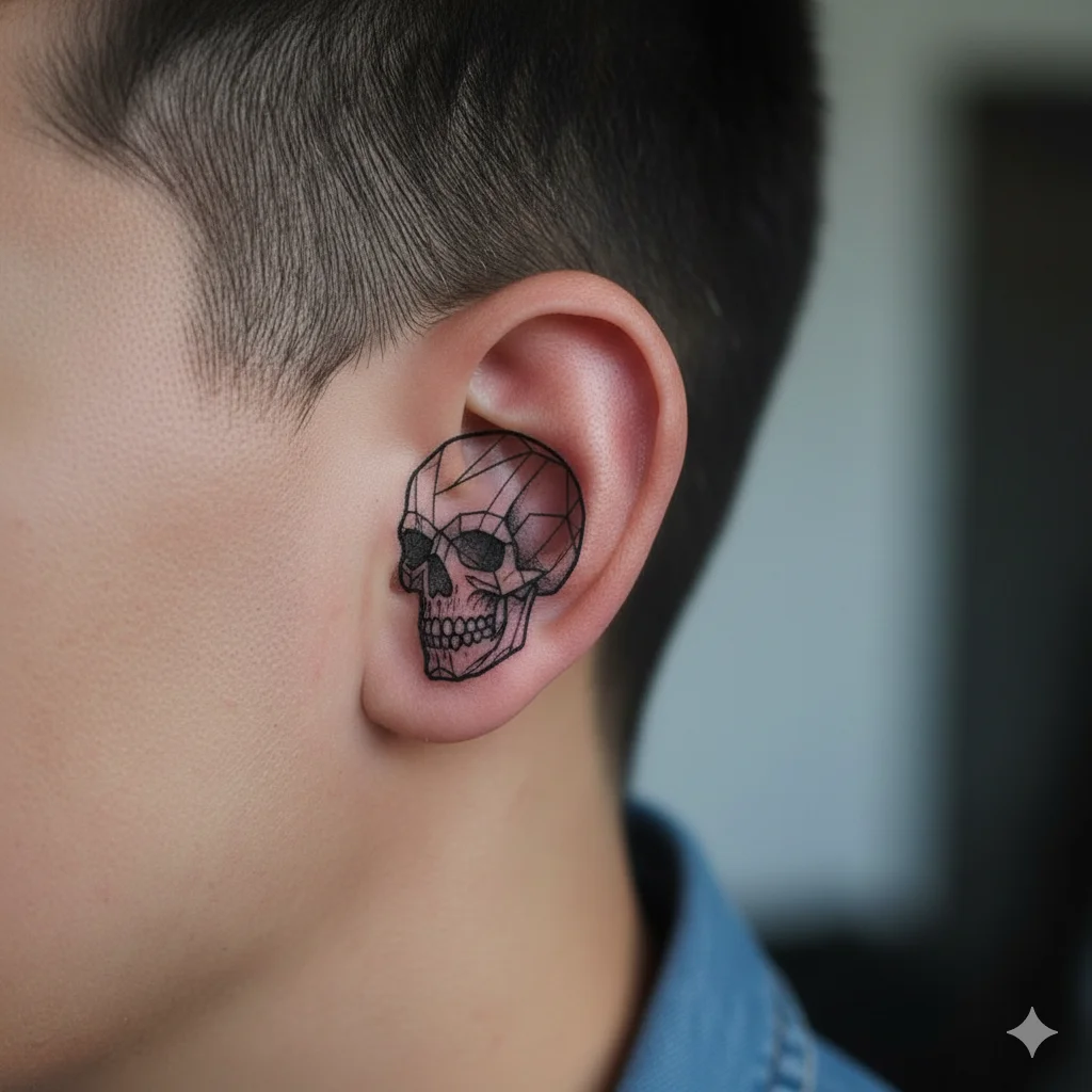 geometric skull ear tattoo for men with modern minimalist style
