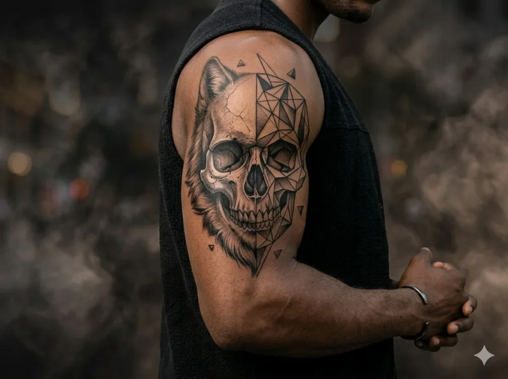 Half geometric half realistic skull tattoo on upper arm with bold black shading and triangle elements on tan skin tone