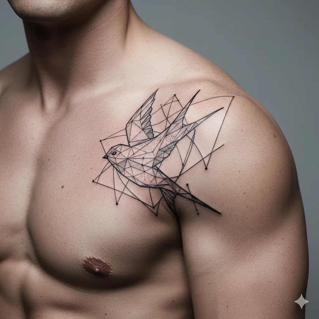 geometric swallow shoulder tattoo men