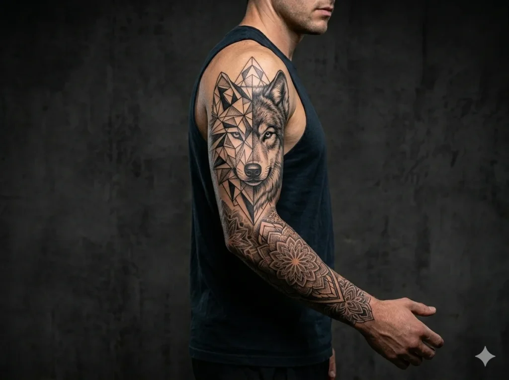 Half realistic half geometric wolf tattoo on upper arm with bold black shading and precise triangle elements on olive skin tone