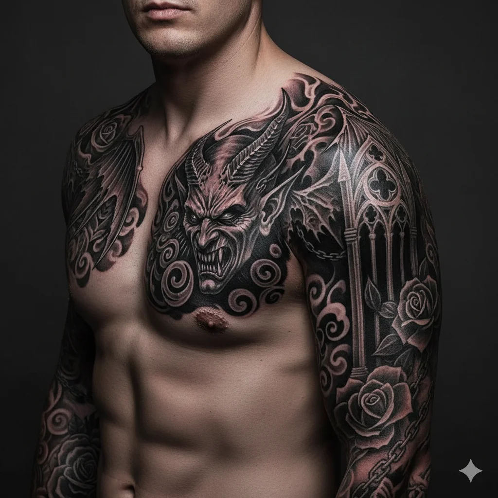 Gothic style devil tattoo featuring heavy black shading and dark aesthetic, inspired by bold devil tattoo ideas for men.