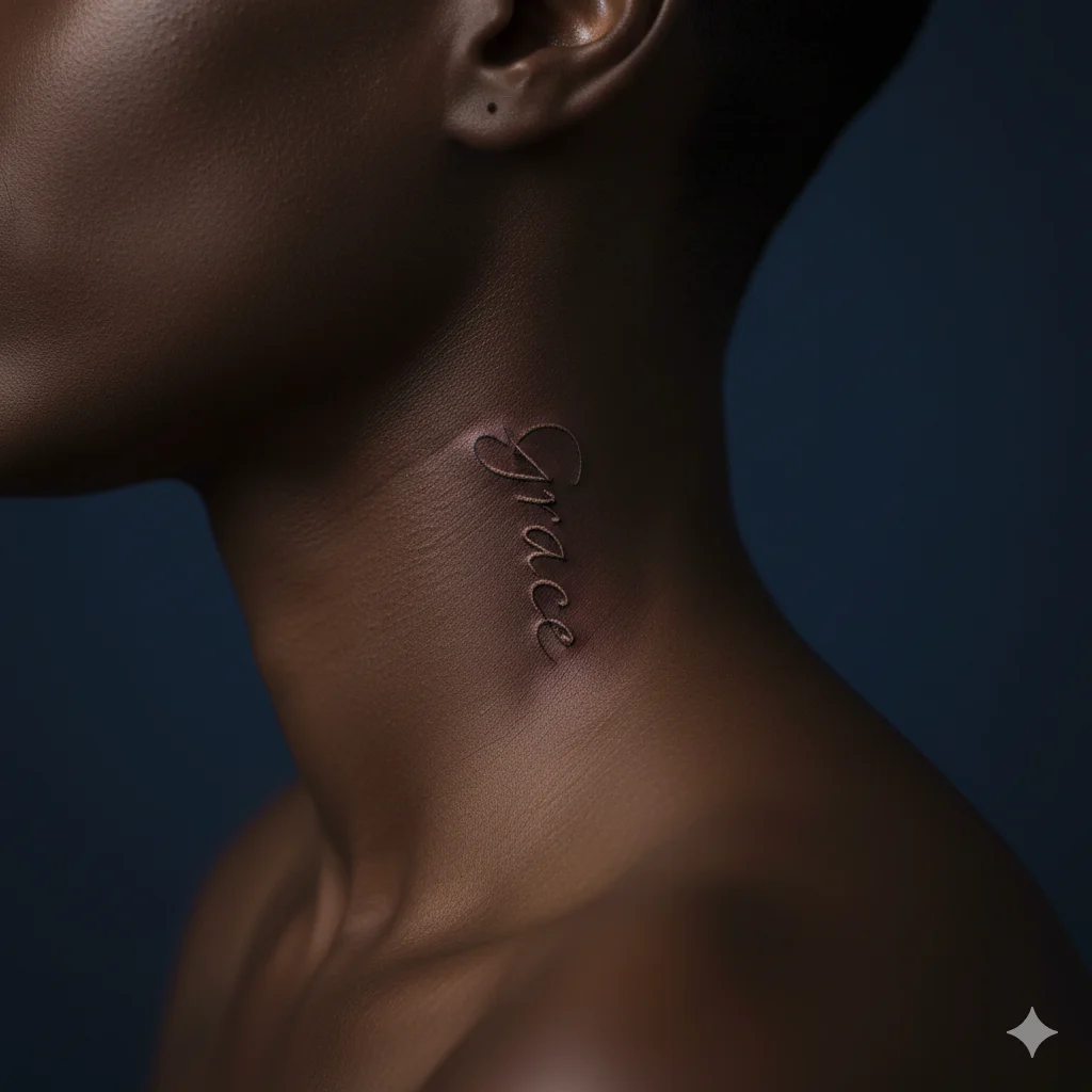 Grace word neck tattoo for men in fine-line elegant script representing mercy and Christian devotion