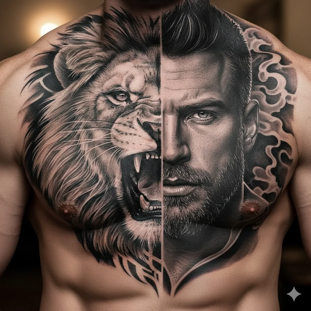 half lion half man chest tattoo artistic masculine design