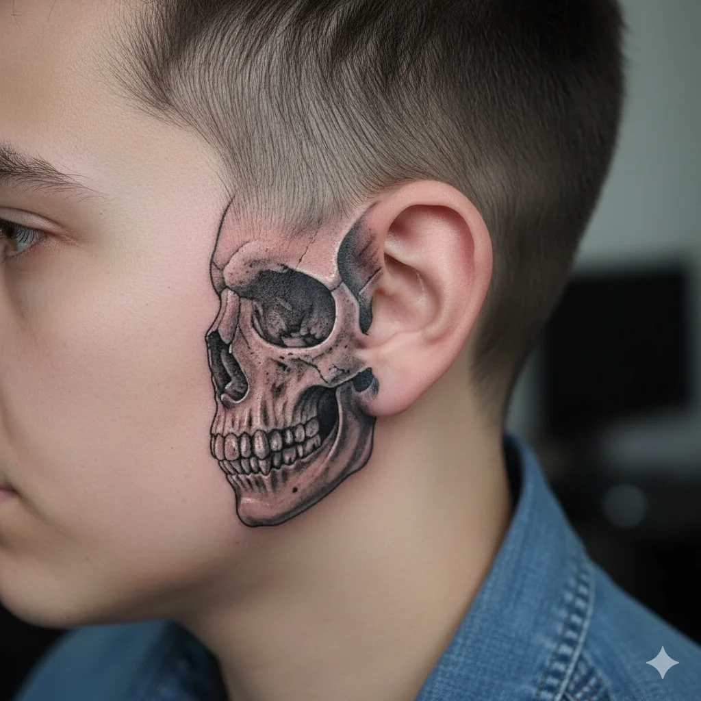 half skull ear tattoo for men showing black and grey detailed shading