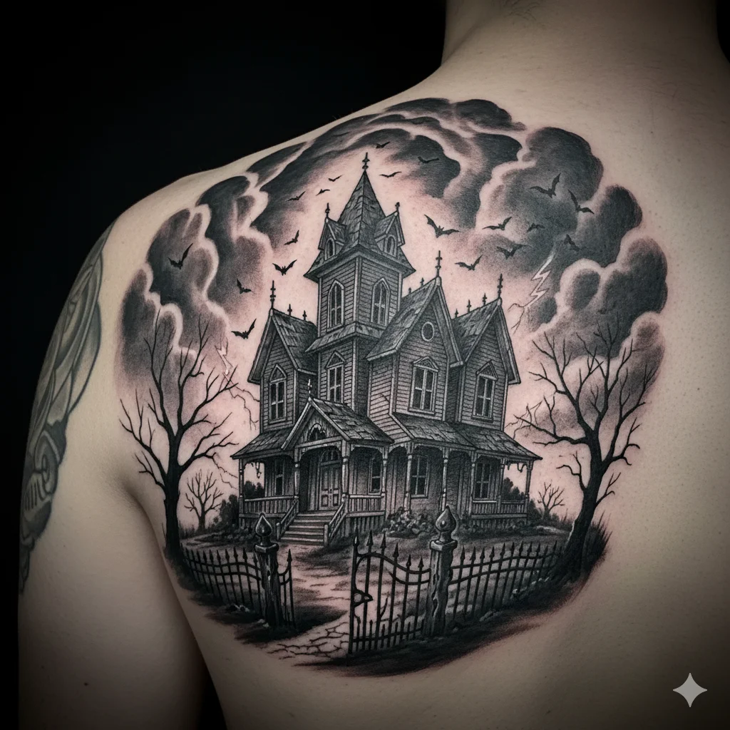 haunted house tattoo for men upper arm black and grey horror design