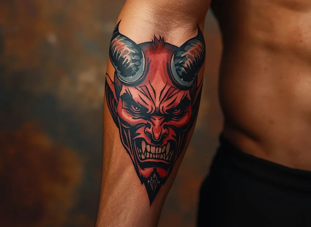 Horned demon face forearm tattoo men