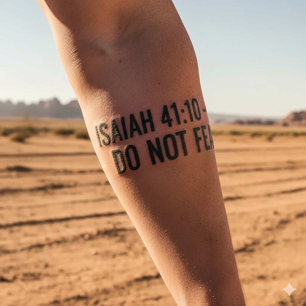 Isaiah 41:10 forearm tattoo for men in bold uppercase lettering symbolizing courage and divine support.