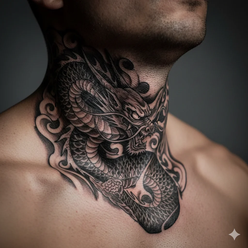dragon neck tattoo for men in traditional Japanese irezumi style