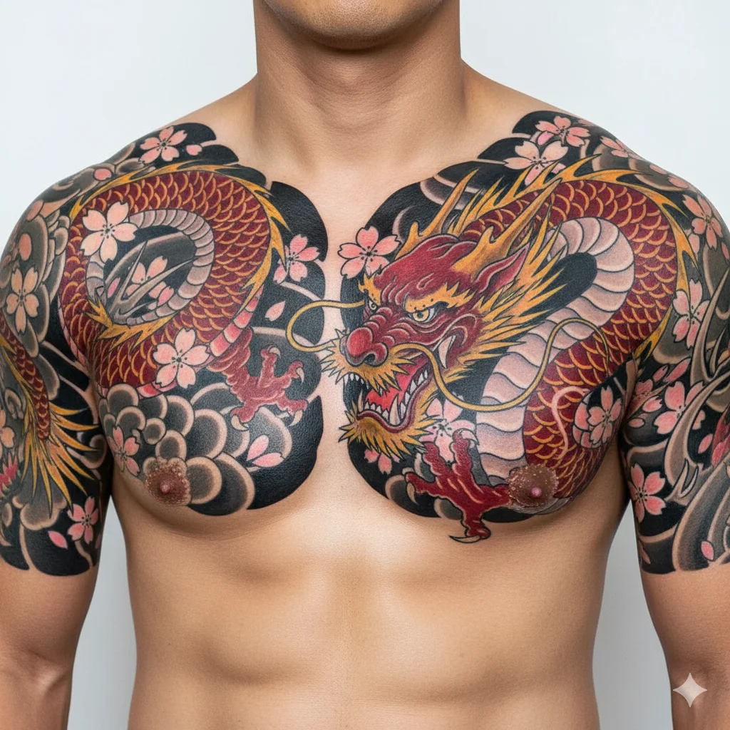 Japanese chest tattoo with dragon and cherry blossoms, classic Irezumi style, deep shading, vibrant traditional colors.