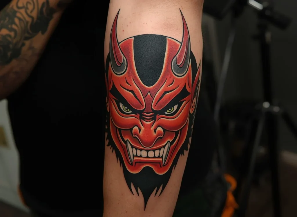 Japanese Oni demon face forearm tattoo for men