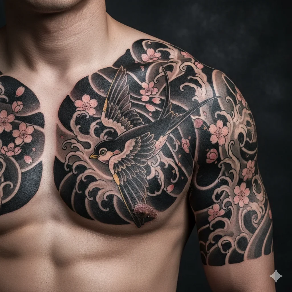 japanese swallow shoulder tattoo men
