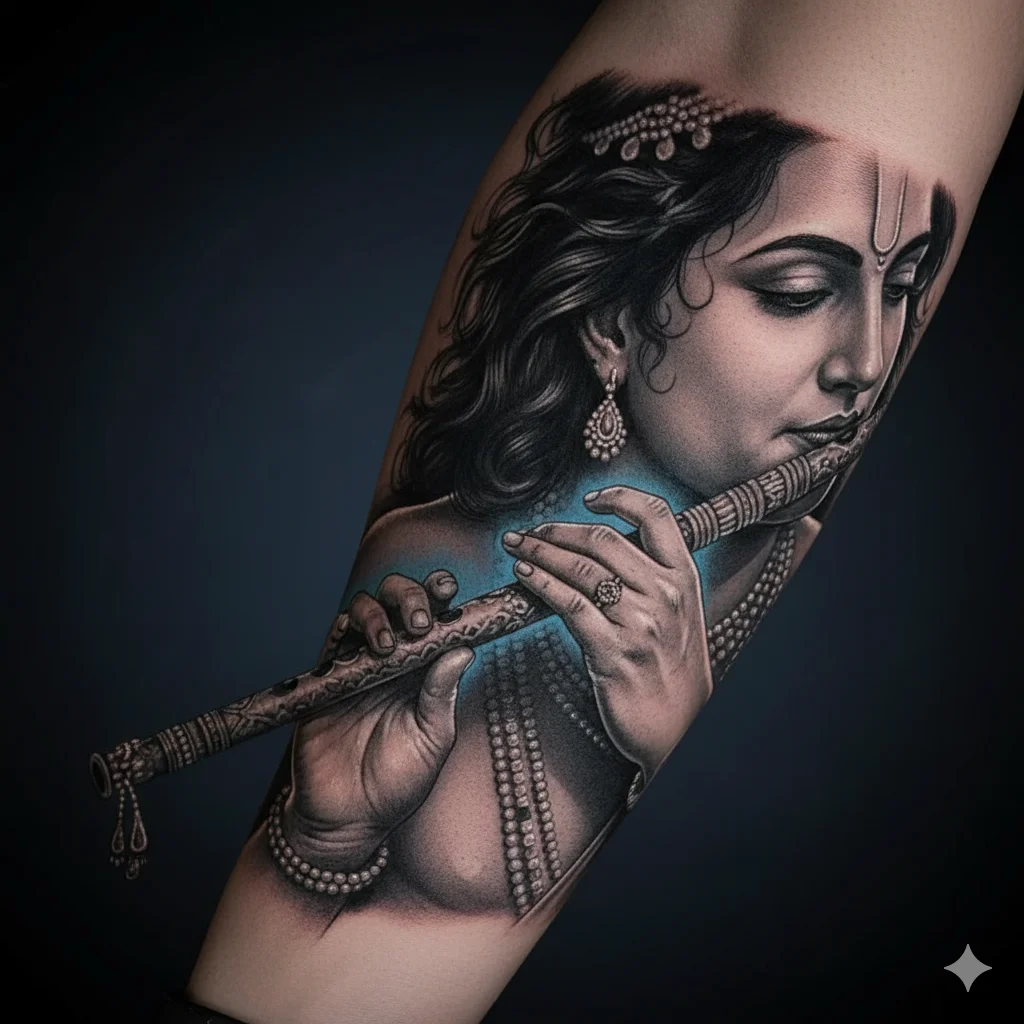 Krishna playing flute tattoo for men on forearm with close-up hand detail spiritual tattoo design