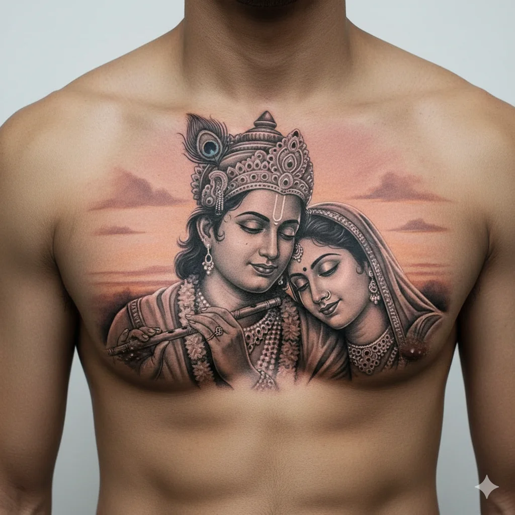 Radha Krishna tattoo for men on chest symbolizing eternal love devotional tattoo