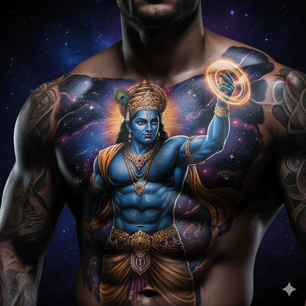 Krishna with Sudarshan Chakra tattoo for men chest powerful spiritual tattoo design