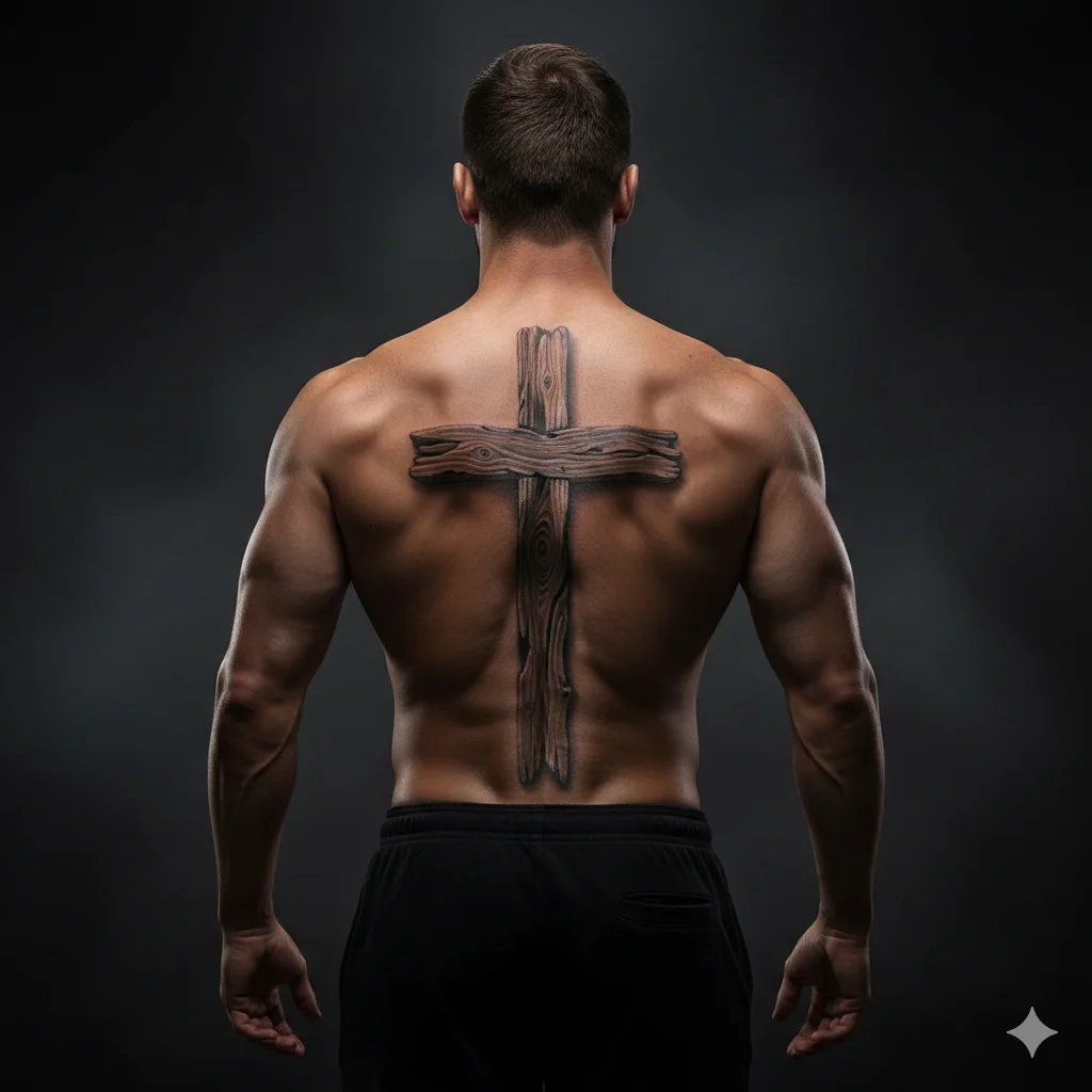 Large detailed cross spine tattoo for men covering full back with bold Christian religious design and powerful masculine appearance