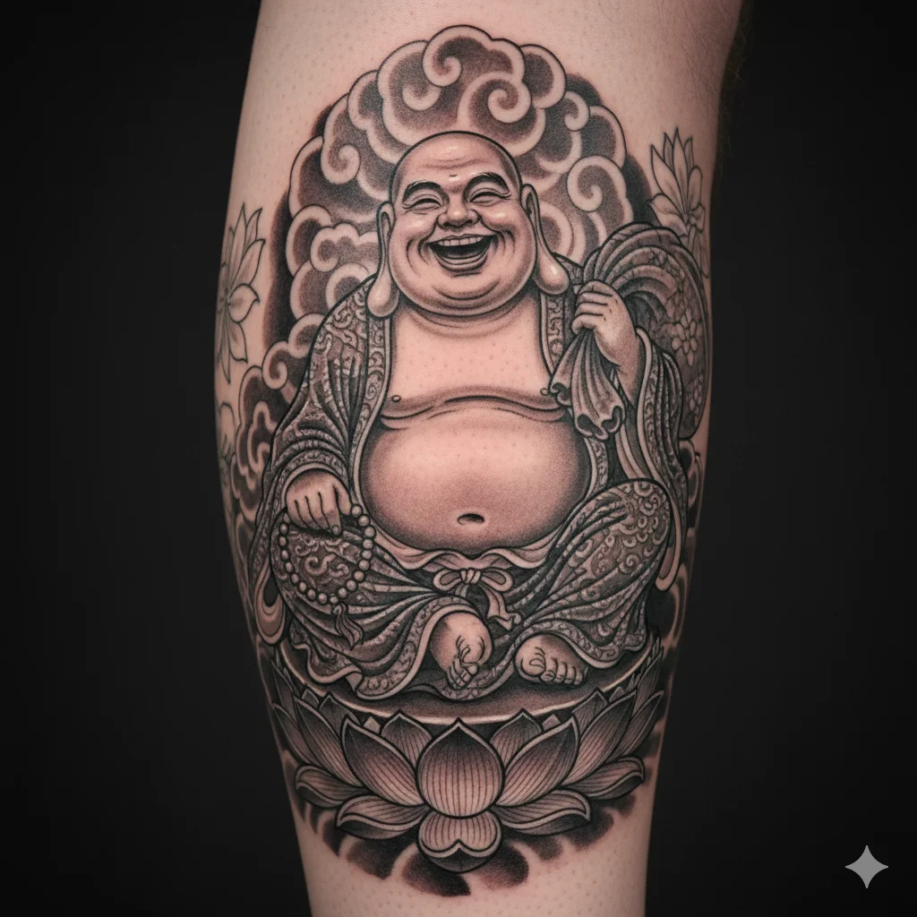 : laughing Buddha tattoo design showing joyful and positive buddha tattoo ideas for spiritual energy