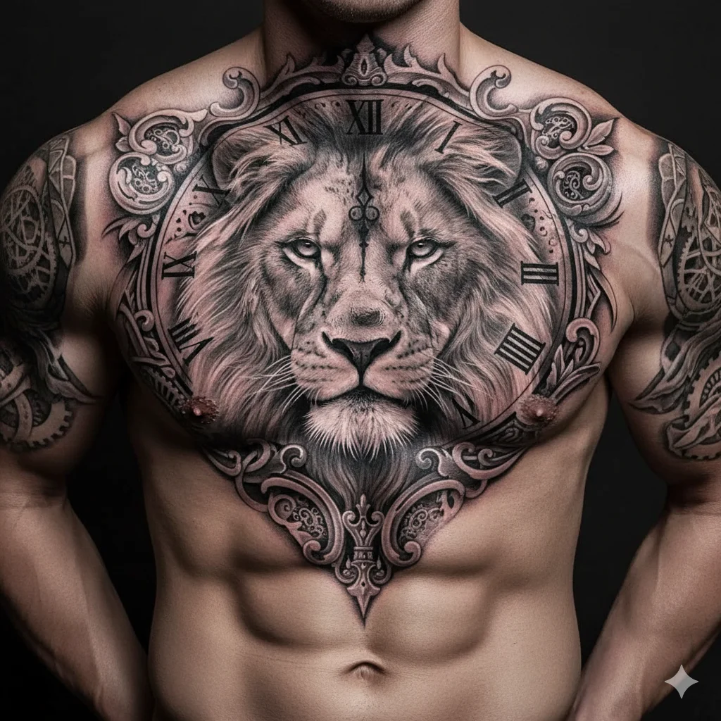 lion and clock chest tattoo realistic black and grey design