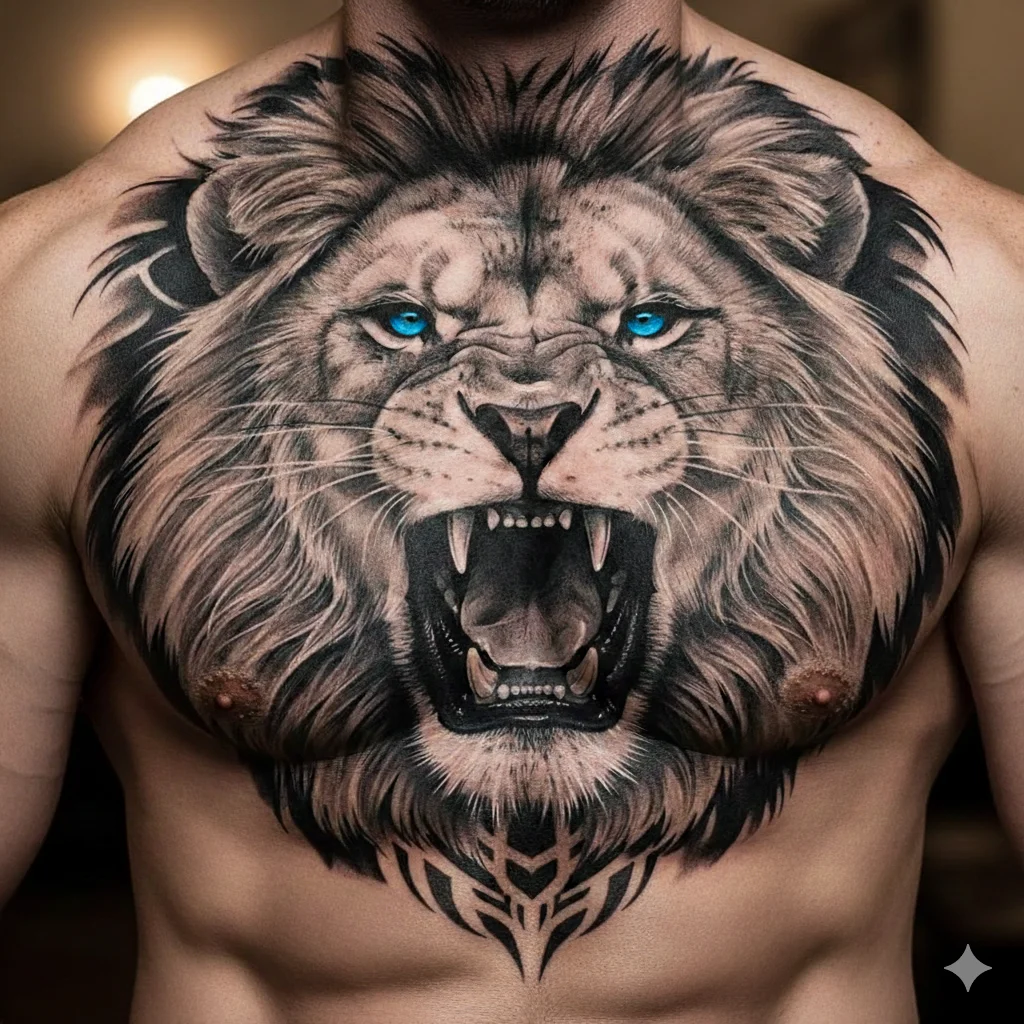 lion chest tattoo with blue eyes realistic design for men