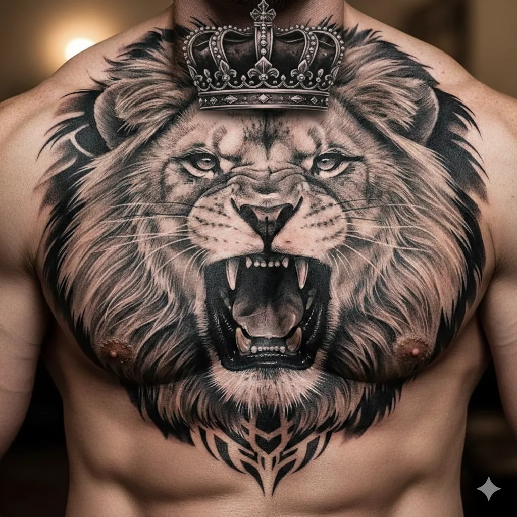 lion with crown chest tattoo for men royal masculine ink