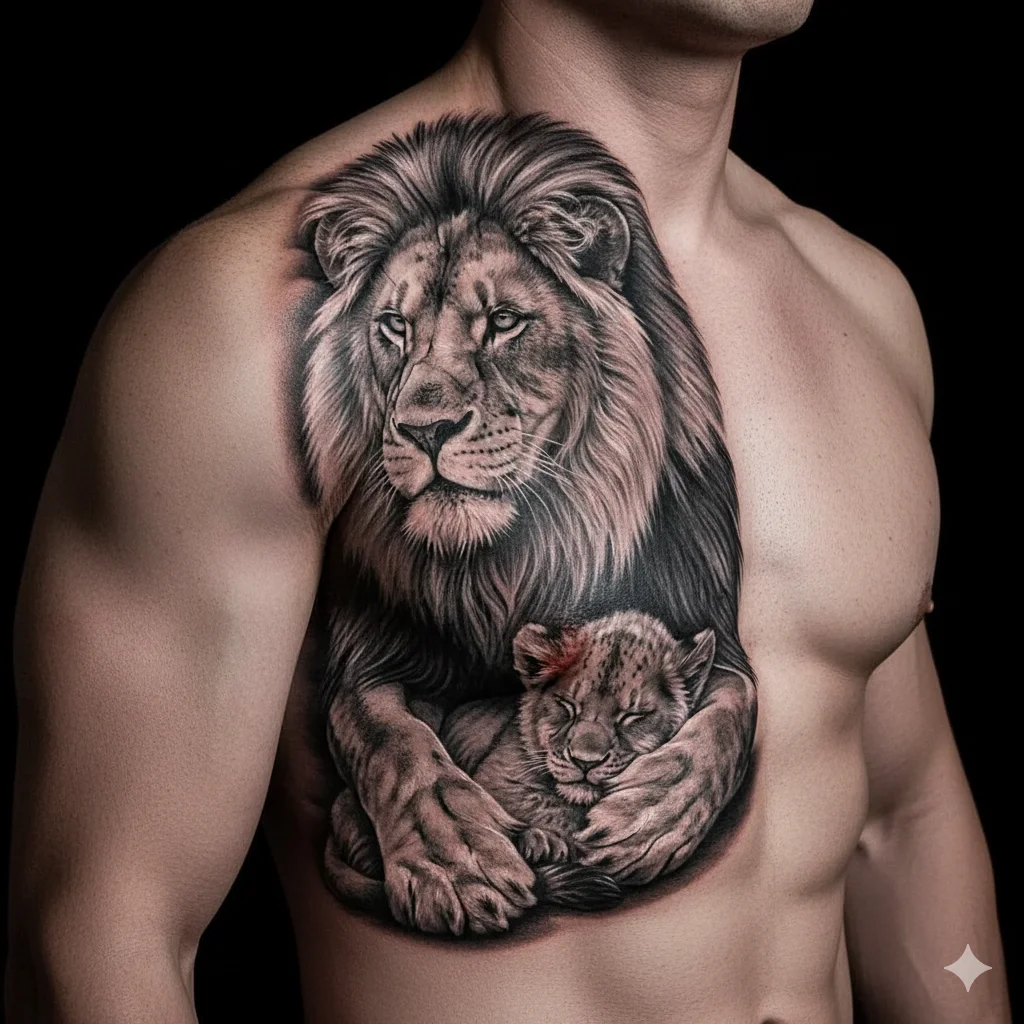 lion with cub chest tattoo fatherhood symbol for men