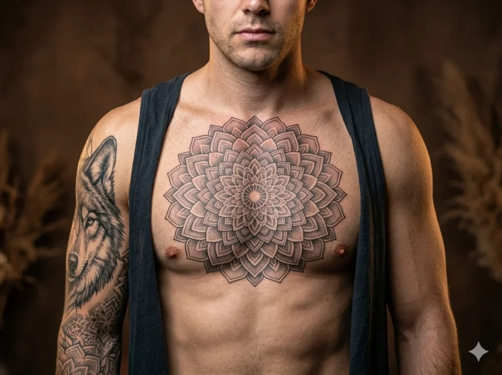 Circular mandala geometric tattoo centered on male chest with detailed dotwork and symmetrical black ink design on fair skin tone