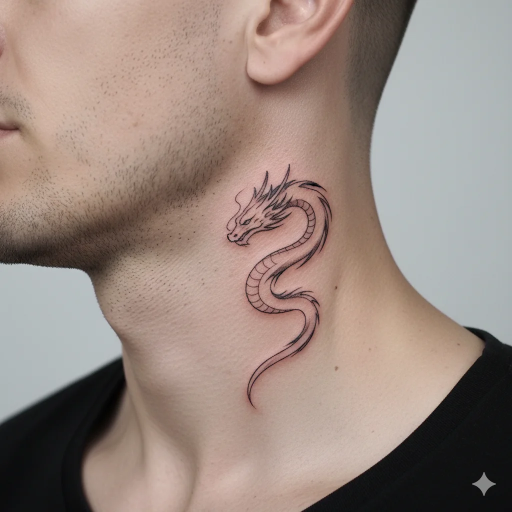 dragon neck tattoo for men in minimalist line art style