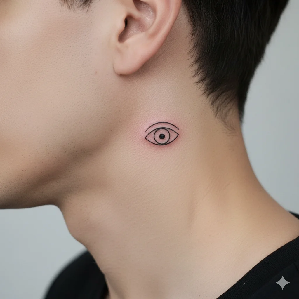 small minimal evil eye neck tattoo for men