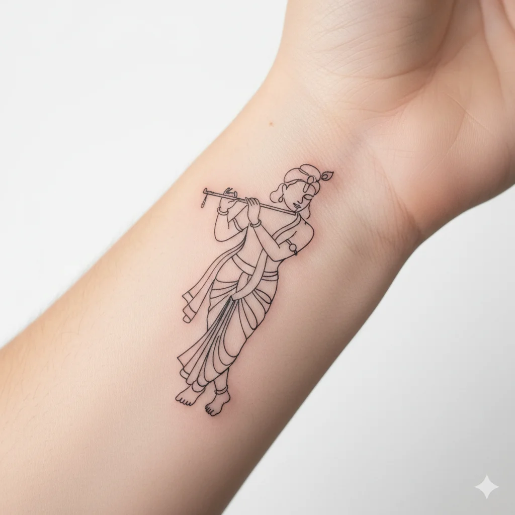 Minimal line Krishna tattoo for men small wrist spiritual design fine line art