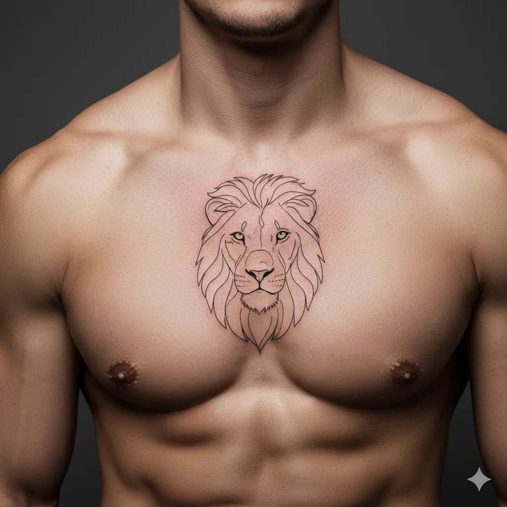 minimal line lion chest tattoo small clean design for men Lion Tattoos for Men on Chest