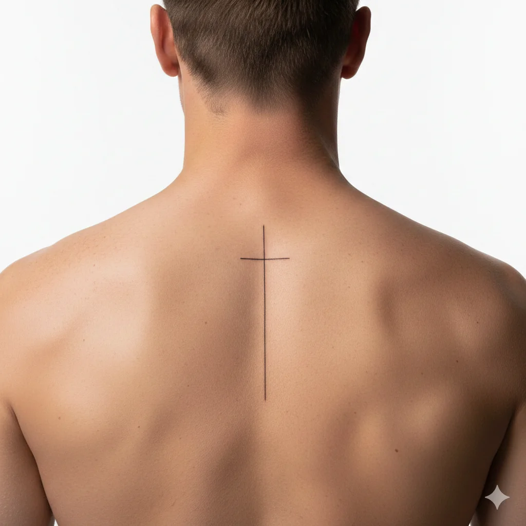 Minimal vertical cross faith tattoo for men centered on spine with clean black ink design and masculine Christian symbolism